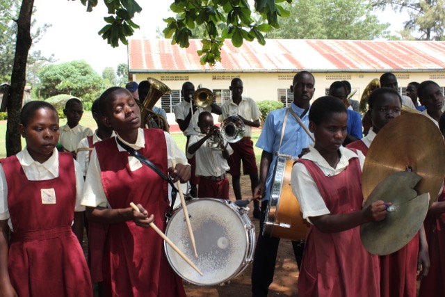 Visually impaired children from the St Francis Madera School For the Blind in Soroti, Uganda play music together in a marching band