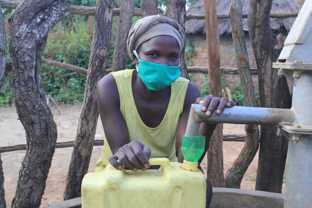 Borehole well drilled by Drop in the Bucket in Lutyek village, Pader, Uganda, in July 2020 providing clean water to the community.