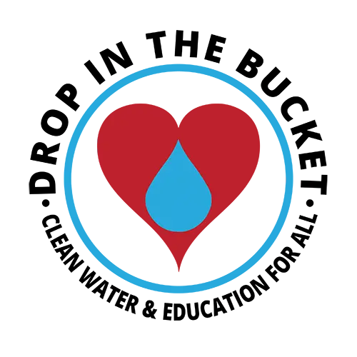 Logo containing a drop of water inside a red heart used by the water charity Drop in the Bucket