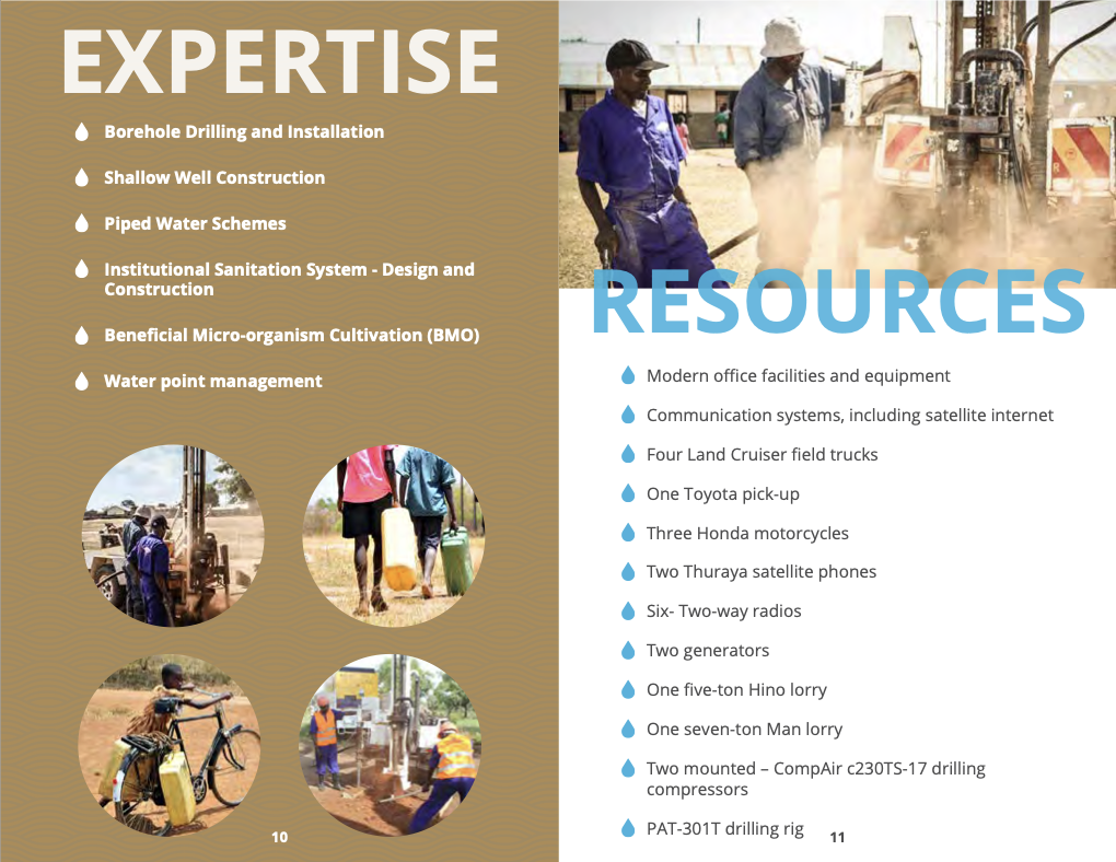 Page from the Drop in the Bucket company profile listing equipment, skills, assets and capacity