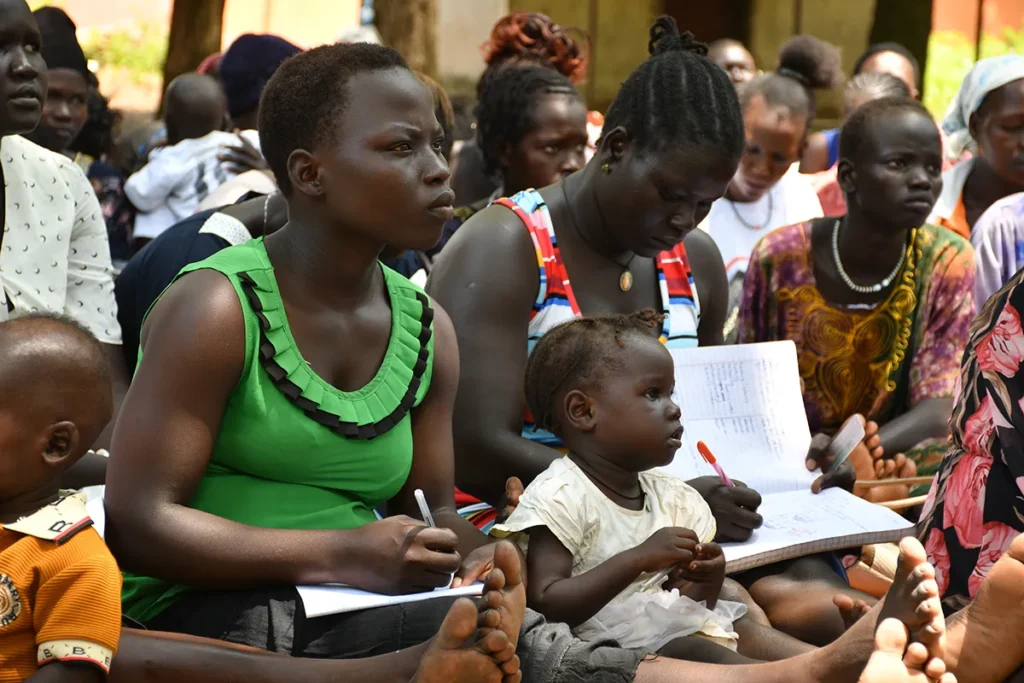 Young mothers with their babies attending a Safe Space meeting in South Sudan